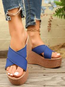 Sandales compensées à semelle épaisse pour femmes, tailles grandes, mules à plateau de couleur unie avec croisillon