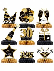 9 件黑金生日蜂窝中心装饰，30/40/60/70/50 岁生日快乐桌面纸质装饰，30/40/60/70/50 岁生日派对装饰，生日庆祝礼品，新娘送礼会礼品，周年纪念用品，节日派对用品，桌面中心装饰 - 黑金生日 - 查看 3