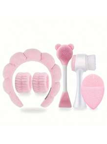 6pcs/Set Face Cleaning Tools - Includes Portable Headband + 2 Wrist Bands, Silicone Facial Cleansing Brush, Cleansing Pad + Dual-Head Face Mask Brush - Makeup Remover Puff - Travel Portable Facial Cleaning Kit - Suitable For Home Beauty Routines, Outdoor Travel, Ideal For Business Trips For Men And Women