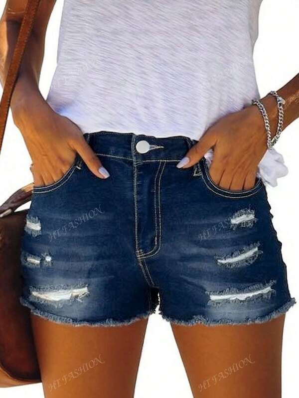 Summer Women's Tattered Denim Shorts Sexy Ripped Casual Street Shorts With Worn Hem