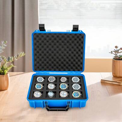Blue 12 Slots Plastic Watch Travel Case Organizer Shockproof And Waterproof Hard Shell Protection Jewelry Storage Box, Sponge Lining,13.2*9.8*2.5in Back To School Dormitory Storage