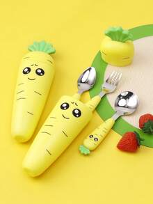 1pc Spoon/1SET Carrot-Shaped Plastic Handle Stainless Steel Cutlery Set With Three Pieces, Boxed, Kitchen, Christmas Gift,School Supplies - Multicolor - View 10