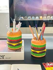 1pc Hamburger Shaped Makeup Brush Holder Pen Cup - Creative Brush Stand For Vanity Desk Travel Storage - Lightweight Plastic Organizer No Assembly Required Perfect Cute Gift For Women Men Teens Students - Multicolor - View 7