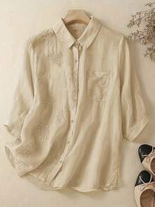 女士纯色简约刺绣夏季衬衫 - 杏色 - 查看 5