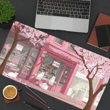 Tappetino per mouse grande con fiori di ciliegio rosa, gatti anime, tappetino per scrivania con base antiscivolo in gomma, tappetino da gioco con bordi rifiniti, forniture scolastiche, Ritorno a Scuola
