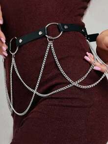 1pc Women's Gothic Style Adjustable Triple Chain Waist Belt, Suitable For Daily Wear - Black - View 4