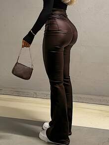 Black Coated Flared Pants, Slim Fit, High-Waisted, Stylish Young Look, Spring - Chocolate Brown - View 5