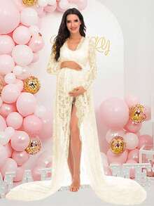 Maternity Lace Dress Deep V-Neck Split Front See-Through For Photography Photoshoot With Long Sleeve - Apricot - View 3