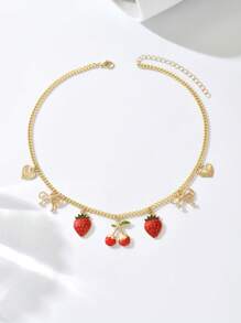 1 Peça Colar de Jóias com Tema de Festa de Frutas de Verão Elegante e Fofo, Cereja Pintada a Ouro DIY Mini, Pimenta Vermelha com Strass, Morango, Decoração de Laço, Adequado para Festa Sexy, Férias, Uso Diário, Presente de Feriado, Designado para Mulheres Charmosas e Personalizadas