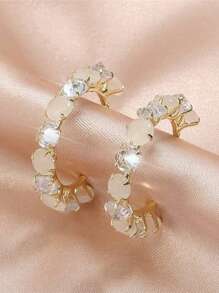 1 Pair Copper Alloy Cat Eye Stone C-Shape Hoop Earrings, Unique Design With Elegant Simplicity, Suitable For Women Who Pursue Distinctive And Quality Style, For Daily Commute, Casual Gathering, Formal Business Events, Romantic Dates To Enhance Overall Outfit And Facial Features
