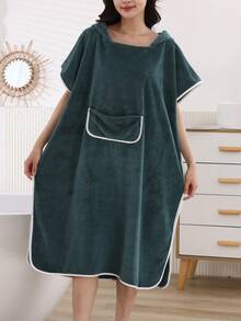 1pc Women's Contrast Trim Hooded Bathrobe, Absorbent Wearable Poncho For Surfing, Quick Dry Changing Robe, Hooded Towel Poncho For Outdoor Beach Swimming - Dark Green - View 6
