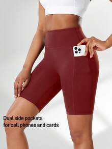 Women High Waist Yoga Shorts With Side Pockets, Outdoor Workout Compression Athletic Running Tight Shorts - Burgundy - View 4