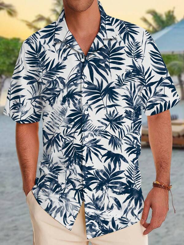 1pc Men Leaf Print Polyester Short Sleeve Shirt, Button-Up, Hawaiian Vacation Style, Summer