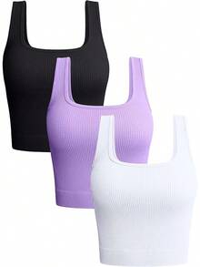 OQQ Women's 3 Piece Tank Tops Ribbed Seamless Workout Exercise Shirts 2025 Summer Basic Camis - Black Lavender White - View 1