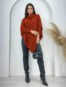 Swisz Women's Winter Poncho Knit Long Sleeve V-Neck Sweater With Scarf - 亮橙色 - 查看 2