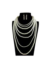 Conjunto de 3 peças de colar e brincos de pérolas vintage minimalistas e multicamadas