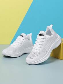 Women's Low-Top Athletic Sneakers With Striped Pattern, Breathable Mesh, Soft & Lightweight, Elastic Lace-Up, Suitable For All Seasons Walking & Sports - White - View 6