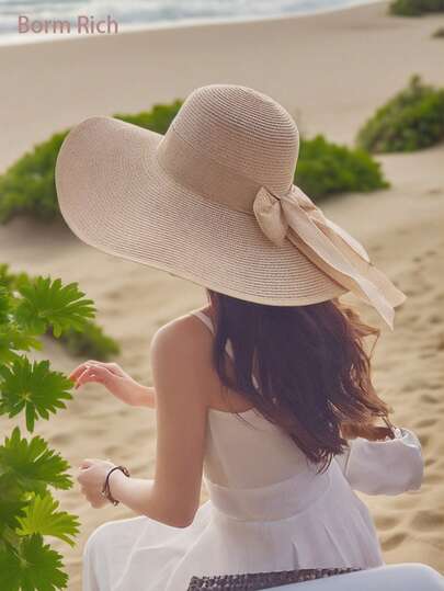 Women's Bohemian Elegant Wide-Brim Straw Sun Hat UV Protection – Summer Beach Casual Hat With Adjustable Chin Strap, Tri-Color (Khaki/Beige/Black), 1-Piece Oversized Brim Hat For Travel, Garden & Vacation Accessories