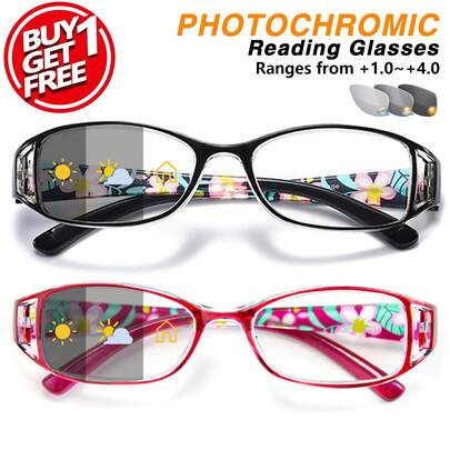 2pcs Photochromic Reading Glasses Set, Fashionable Color Changing Lens With Stylish Frame, Ultra-Light & Comfortable For Indoor And Outdoor Use