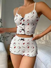 Sanrio 两件套女士三丽鸥Hello Kitty睡衣套装，夏季短裤+上衣家居服套装，春夏装，包含吊带背心和裤子，两件套，吊带睡衣套装 - 白色 - 查看 3