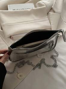 Geantă plic, poșetă clutch la modă, geantă de mână pentru femei argintiu metalic, geantă de mână cu umăr cu lanț, geantă pătrată mică cu fermoar - Argintiu strălucitor - Vizualizare 8