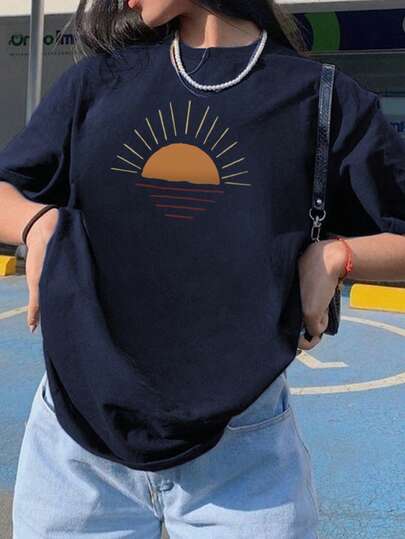 女士简约百搭太阳印花休闲圆领短袖 T 恤，新款时尚舒适夏季风格