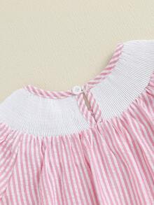 Toddler Baby Girl Baseball Outfit Short Sleeve Baseball Embroidery Smocked Dress Polo A-Line Dress Sprots Summer Clothes - Pink - View 6
