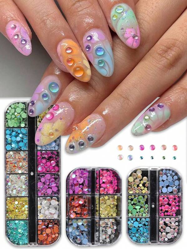 6/12 Grid Candy Color Macaron Aurora Color Mixed Mermaid Bubble Beads Nail Charms, Flat Back Round Diamond Nail Art Decoration, For Nail Supplies DIY Nail Gem Nail Art Supplies
