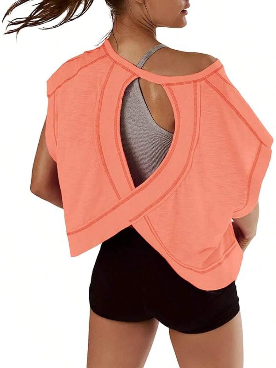 Women Short Sve Workout Shirts Open Back Tops Casual Yoga Y2k Athletic Gym Slouchy Crop Running Tees - Coral - 查看 1