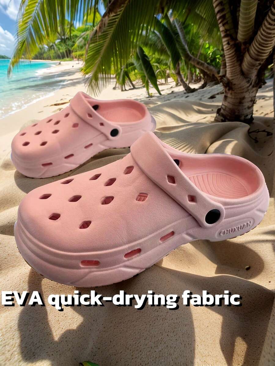 New Summer Thick-Sole Breathable Sandals, EVA Material Quick-Drying Non-Slip Bathroom/Pool Slides, Men Lightweight Hollow Outdoor Beach Shoes, Roomier Version Suitable For Wide Feet, Unisex Design - Pink - View 1