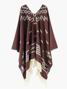 1pc Men's Geometric Pattern Tasseled Poncho Cape Shawl, Warm Outerwear Shawl