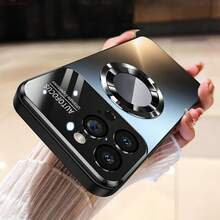 Funda de teléfono inalámbrica de carga magnética de metal de titanio mate de lujo, compatible con Apple 17 16 15 14 13 12 Pro Max Plus 11, con gran ventana de vidrio, protección de la lente de la cámara y cubierta trasera resistente a golpes - Negro - Ver 3