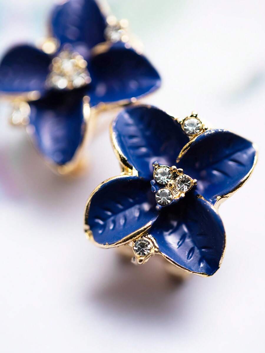 1 对韩国时尚蓝宝石和水钻装饰花朵设计奢华优雅耳钉情人节、妈妈、母亲、母亲节、礼物