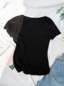 女士性感低胸修身短袖针织上衣，露出锁骨，适合返校季，夏季 - 黑色 - 查看 6