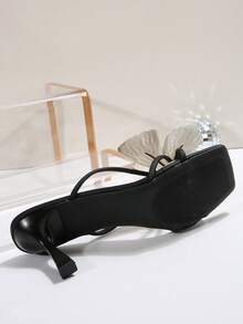 Fairy Style Square Toe Butterfly Knot Decor Nude Color High Heel Sandals, New Fashion French Style Artificial Leather Summer/Fall Heels For Dates, Gatherings, Parties, Commuting,Kitten Heels - Black - View 9