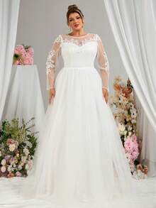 Elasola Plus Size Elegant, Gorgeous And Romantic White Crew-Neck Long Sleeve Hand Applique & Tulle Dress With Pleats And Backless Design, Featuring A Huge A-Line Hemline That Trails On The Ground, For Wedding Bridal Dress, Bride - White - View 1