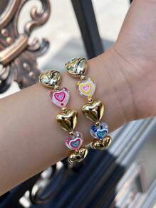 1 pieza Pulsera elástica hecha a mano con cuentas de cobre, con corazón enchapado y esmalte colorido, adecuada para uso diario y eventos de mujeres