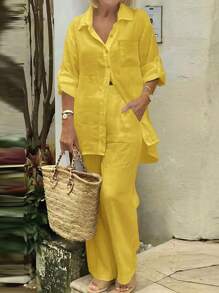 Casual Polo Collar Cardigan & Wide Leg Pants Set, Elegant, Versatile, Slimming, Solid Color Chic Shirt Top, Soft Fabric, Comfortable For Beach Vacation, Daily/Office Commute, Loose Waist Pants, 2 Pieces Outfit