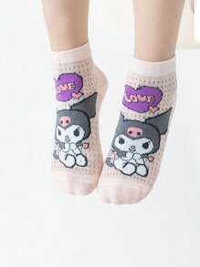 Disney 5 Pairs Girls/Kids/Baby Kuromi, Rabbit, Mesh, Pink/Green/Blue/White/Purple Multi-Color Heart, Bow, Flower, Letter Print Casual Sports Style Socks, Suitable For Spring/Summer, Thin, For School And Casual Wear