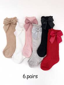 6 Pairs Girls Solid Color & Striped Knee-High Socks With Bow Accessory - Multicolor - View 1