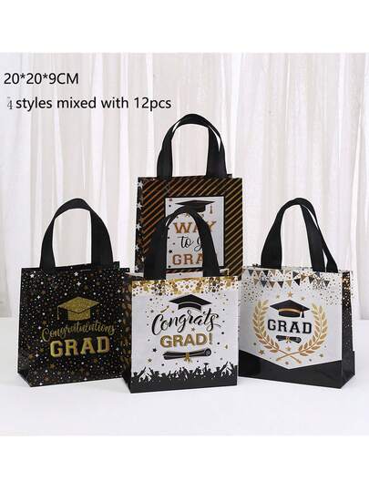 12 套可重复使用的 2025 无纺布毕业礼品袋，适用于装饰大学和高中毕业派对和毕业旅行手提包（黑色，7.9 * 7.9 * 3.5 英寸）