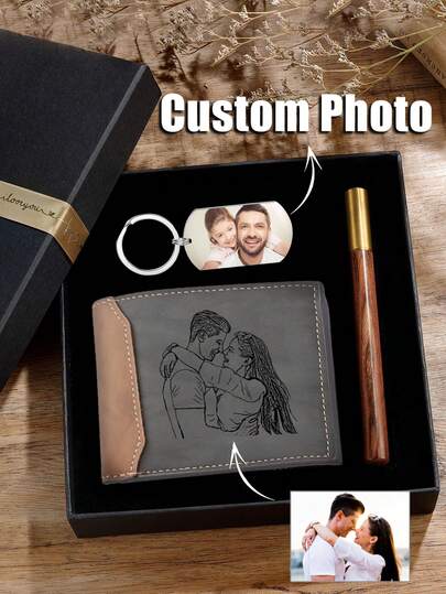 1pc Personalized Holiday Gift Box, Customized Photos And Text, Wallet Gift Box For Dad, Gift From Daughter And Son To Dad, Suitable For Birthday, Father's Day, Christmas, Thanksgiving, Including Wallet, Keychain, Pen And Packaging Box, Holiday Gift Box/Birthday Gift For Men/Father, School Supplies, For Teacher Gifts, For University, For Colleague, For Dorm Rooms, For Teacher, For Boys And Girls, For Teenagers, High School Senior High School Students, College Students, University Students, Customized Wallets & Card Cases, Easy Comfort