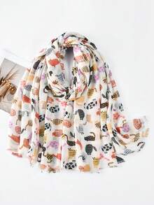 1 件女式波西米亚风格流苏猫印花围巾披肩