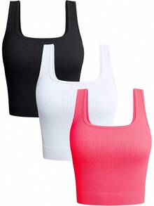 OQQ Women's 3 Piece Tank Tops Ribbed Seamless Workout Exercise Shirts 2025 Summer Basic Camis - Pink - View 1