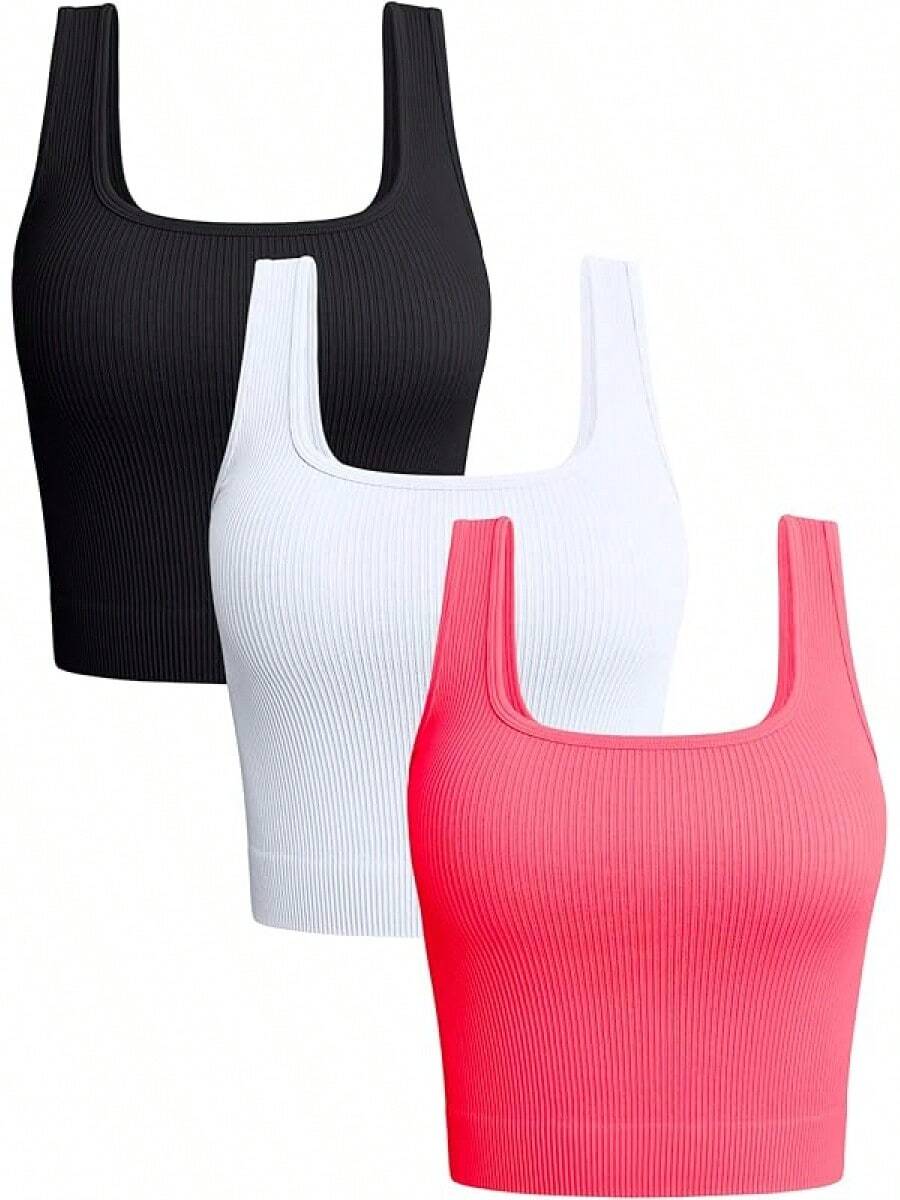 OQQ Women's 3 Piece Tank Tops Ribbed Seamless Workout Exercise Shirts 2025 Summer Basic Camis - Pink - View 1