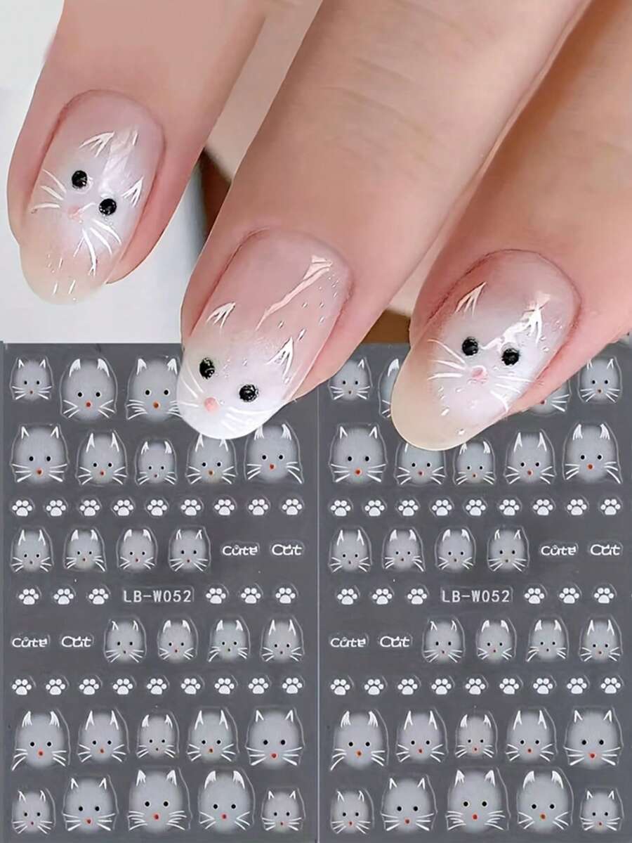 2pcs Cartoon Cat Nail Decals, Animal Theme, 3D Self-Adhesive Nail Art Stickers,For DIY Nail Manicure, DIY Korean Y2K Cute Kitten Nail Embellishments - White - View 1