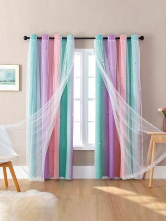 7 stuks - Kinderkamergordijnen afgewerkt met kleurverloop, regenboog, gaas, rood, dubbele laag, skelet, stergordijnen, decoratieve gordijnen voor meisjeskamer, decoratieve regenboog, verduisteringsgordijnen voor kinderkamer, paars voor meisjeskamer, eenhoorn muursticker, roze, groene gordijnen, 52 inch lang, 63 inch hoog, 1 paneel voor meisjeskamerdecoratie, kinderkamerdecoratie, slaapkamerdecoratie, kamerdecoratie