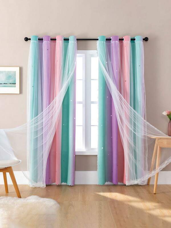 7pcs- Kids Room Curtains Finished Gradient Rainbow Mesh Red Double Layer Skeleton Star Curtains, Girls Bedroom Decorative Curtains, Kids Room Decorative Rainbow Blackout Curtains, Purple For Little Girls Room, Unicorn Wall Decal Pink Curtains Green, 52 Inch Length 63 Inch Height 1 Panel For Girls Room Decornursery Decor, Bed Room Decor, Room Room Decoration