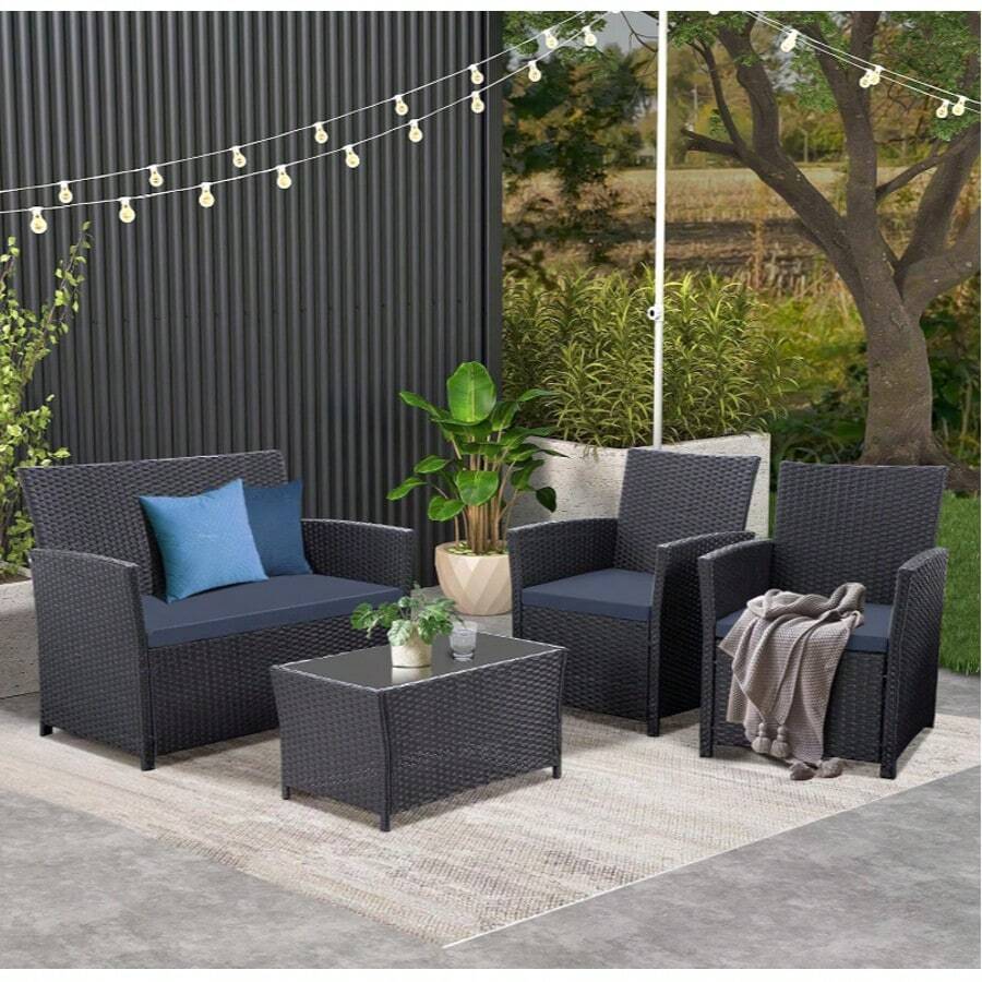 4 Piece Outdoor Patio Furniture Sets, Wicker Sectional Conversation Sofa Set, Rattan Table And Chairs And Loveseat With Cushions For Outside Balcony Porch Backyard - Màu xanh lam - Xem 1