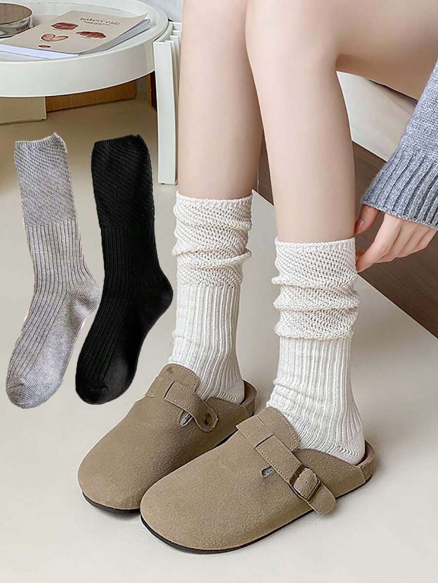 1 par de calcetines por encima de la rodilla de unicolor con empalme de malla y encaje, calcetines de rejilla de primavera/otoño con pila pequeña en la pierna, calcetines de tubo de mujer con empalme hasta la pantorrilla, medias transpirables de rayas verticales de malla ajustadas